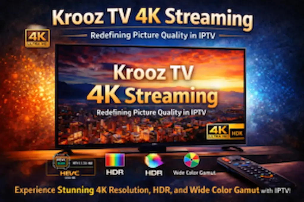 Krooz TV 4K streaming showcasing ultra high-definition IPTV picture quality on smart TV and devices.